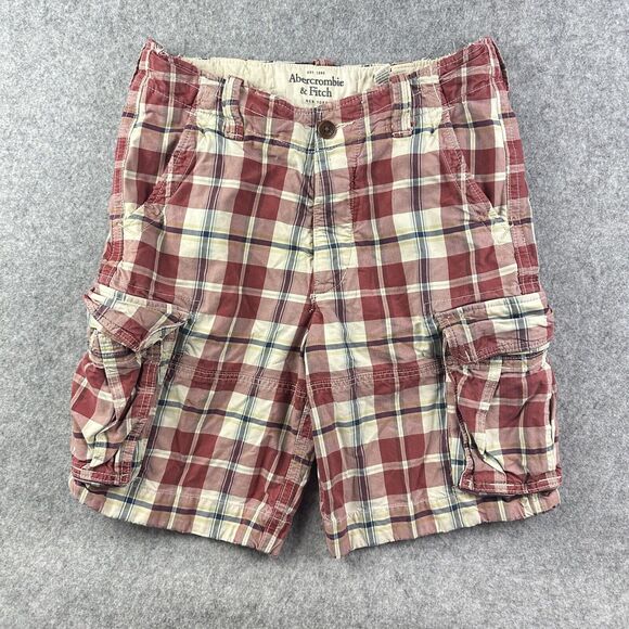 Abercrombie Fitch Cargo Shorts Mens 30 Y2K Baggy Plaid Red Blue Heavyweight Surf - Picture 1 of 12